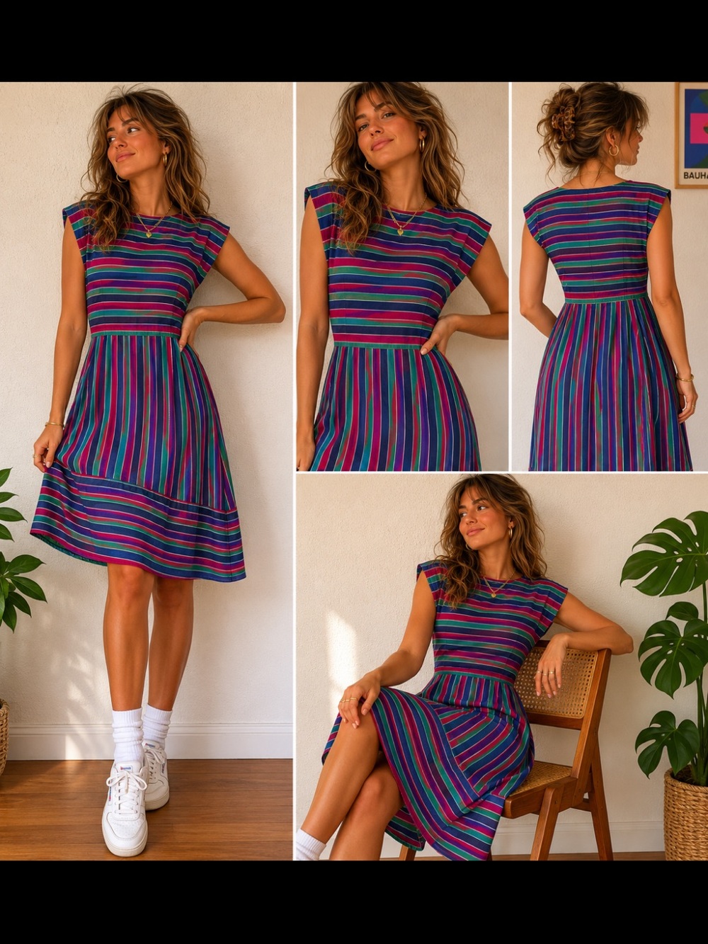 Vintage 80’s fun Multicolored Striped Cap Sleeve Midi Dress Size S
